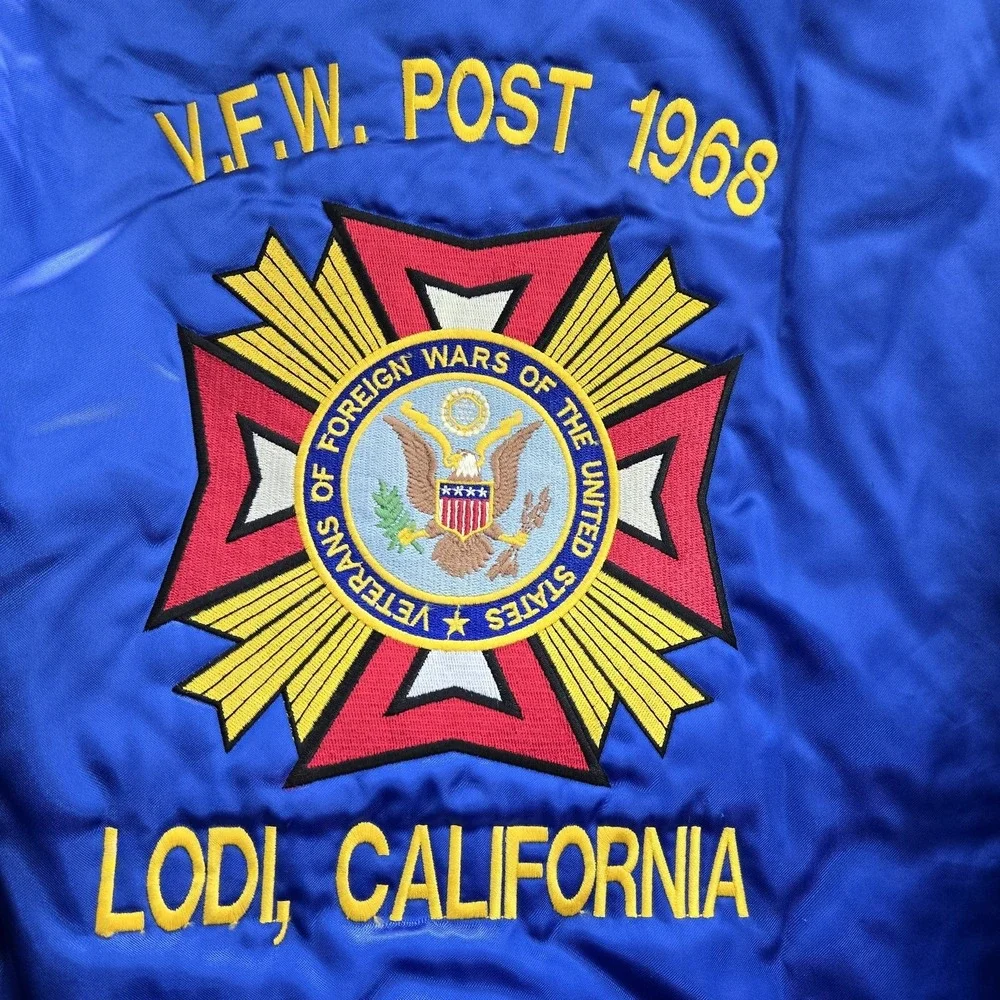 VINTAGE‎ King Louie Men Jacket L Blue Nylon Veterans Bomber Lodi California